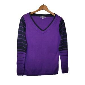 Smartwool Womens Merino Wool Purple Black Striped Sleeves V Neck Sweater Small